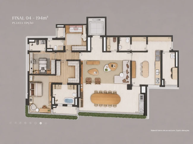 Planta Torre Residencial — 194 m², 3 ou 4 suítes